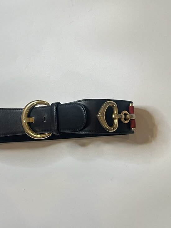 Vtg Escada Western Germany Leather Belt Horsebit Gold Buckle Black Red 36 main image 6